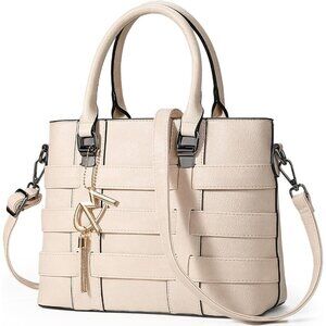 PU Leather Weave Beige Shoulder Bag for Women Elegant Top Handle Designer Purse